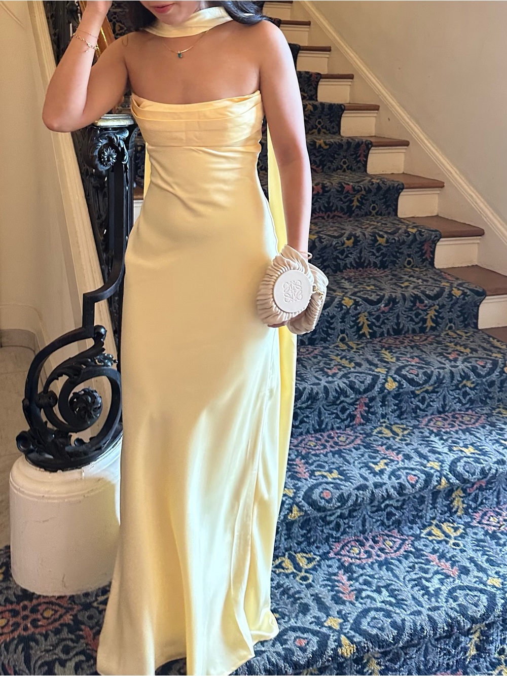 Butter Yellow Satin Evening Gown with Scarf - Madeleine Strapless Maxi Dress